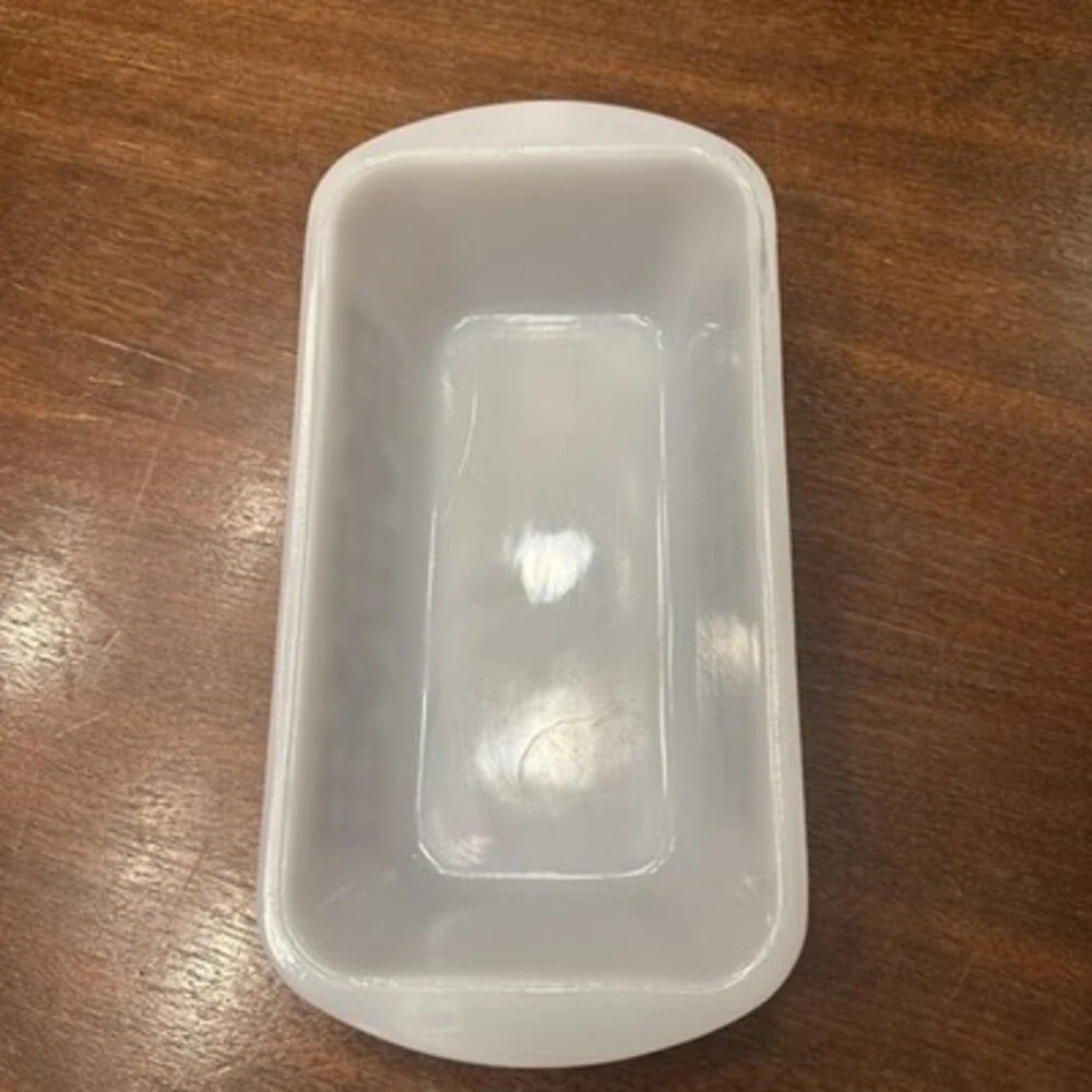 Vintage Glasbake 5x9  White Milk Glass Loaf Pan Brown Gingham Tulips